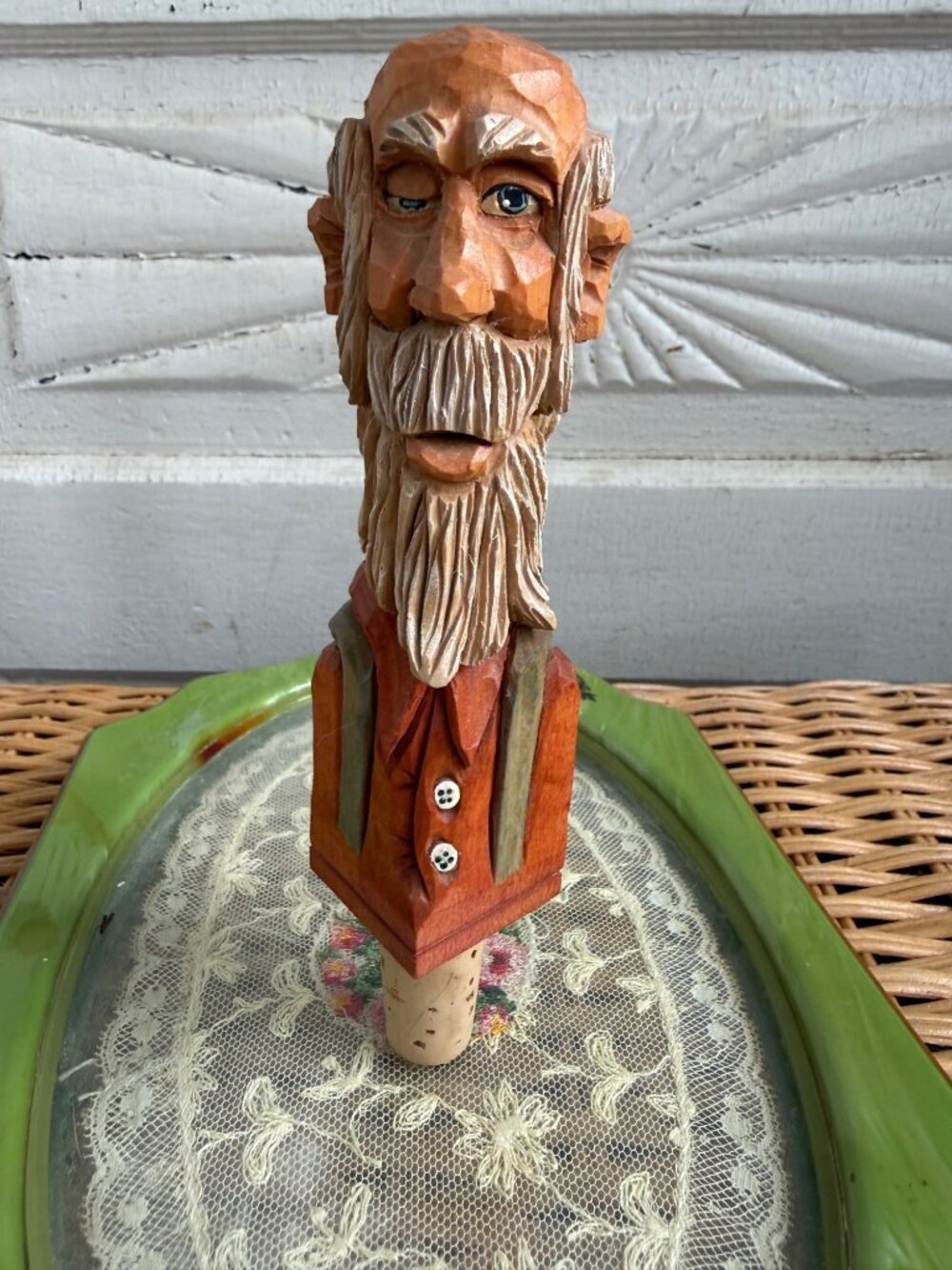 Vintage MCM Anri Italy Folk Art Wood Carved Old Man Bottle Stopper Barware